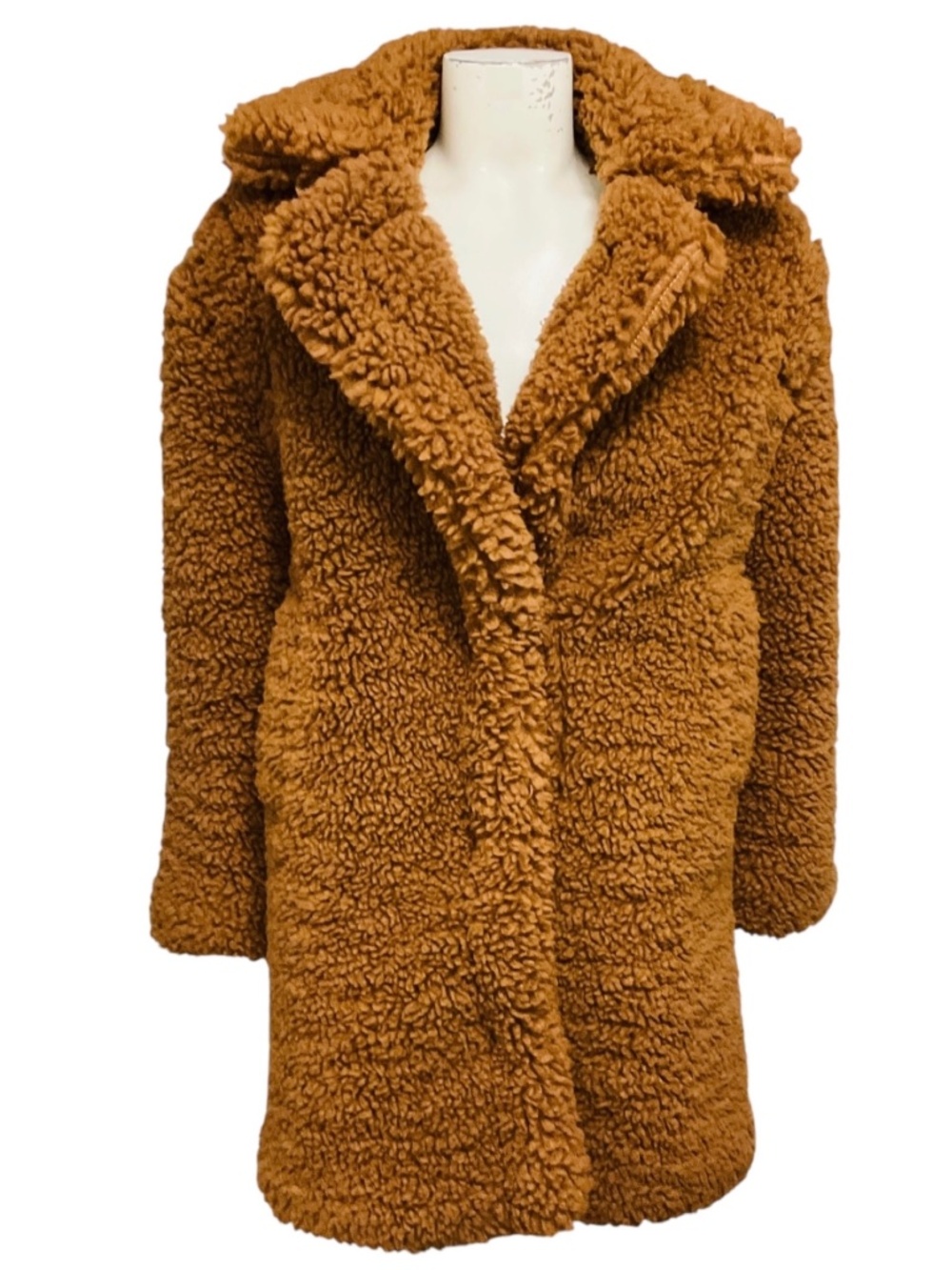 SAM. Light Brown Faux Fur Sherpa Coat with Black Leather Trim
